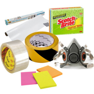 Collection of images to demonstrate the range of 3M products supplied by Easyink, including packing tape, Post-It notes and Scotch cleaning pads.